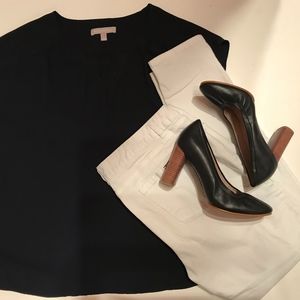 Black Clarks Pumps with Wooden Stacked Heel